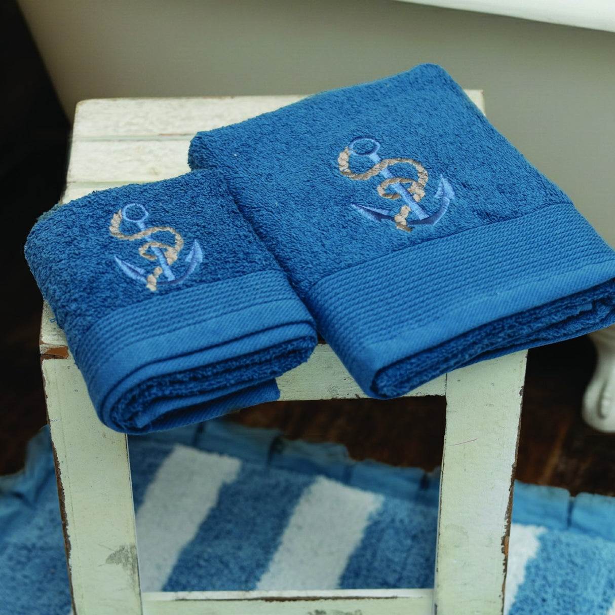 Set Asciugamani 1+1 Ancora L’Atelier 17 in Spugna Cotone 500 GSM Bianco Sabbia Blu Mare