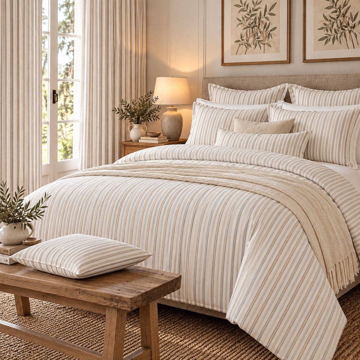 Copripiumino a Righe Beige e Bianche con Federe Coordinate - Magilù