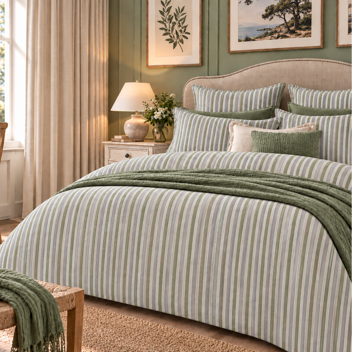 Copripiumino a Righe Verde Salvia e Azzurre con Federe Coordinate - Magilù