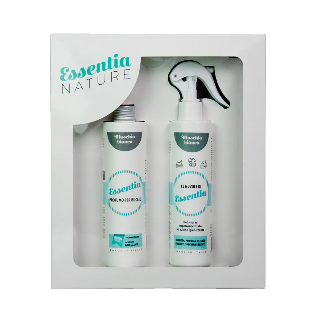 Gift Box Nuvole Spray Igienizzante profumato + Profumo Bucato 250 ml Muschio Bianco- Essentia