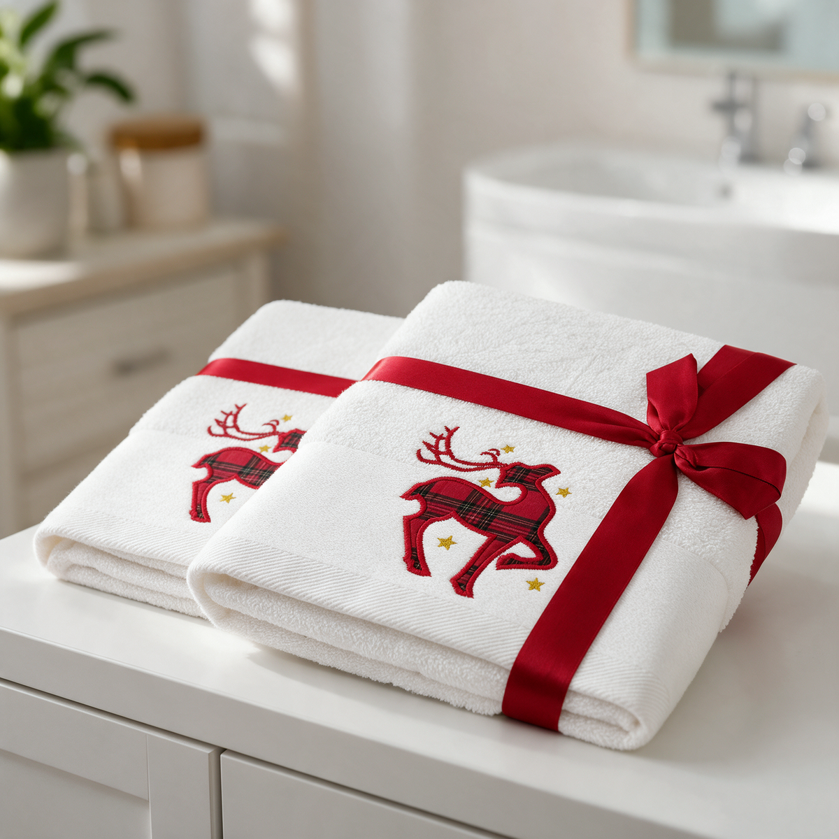 Set Asciugamani Natalizi 1+1 Viso e Ospite Times Square dis. Renna 100% Cotone - Botticelli Home