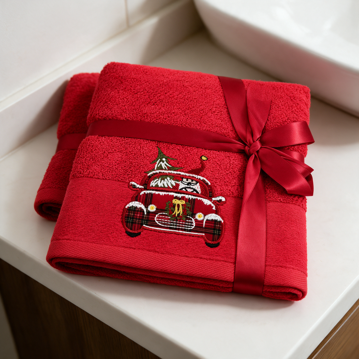 Set Asciugamani Natalizi 1+1 Viso e Ospite Times Square dis. Babbo Natale 100% Cotone - Botticelli Home