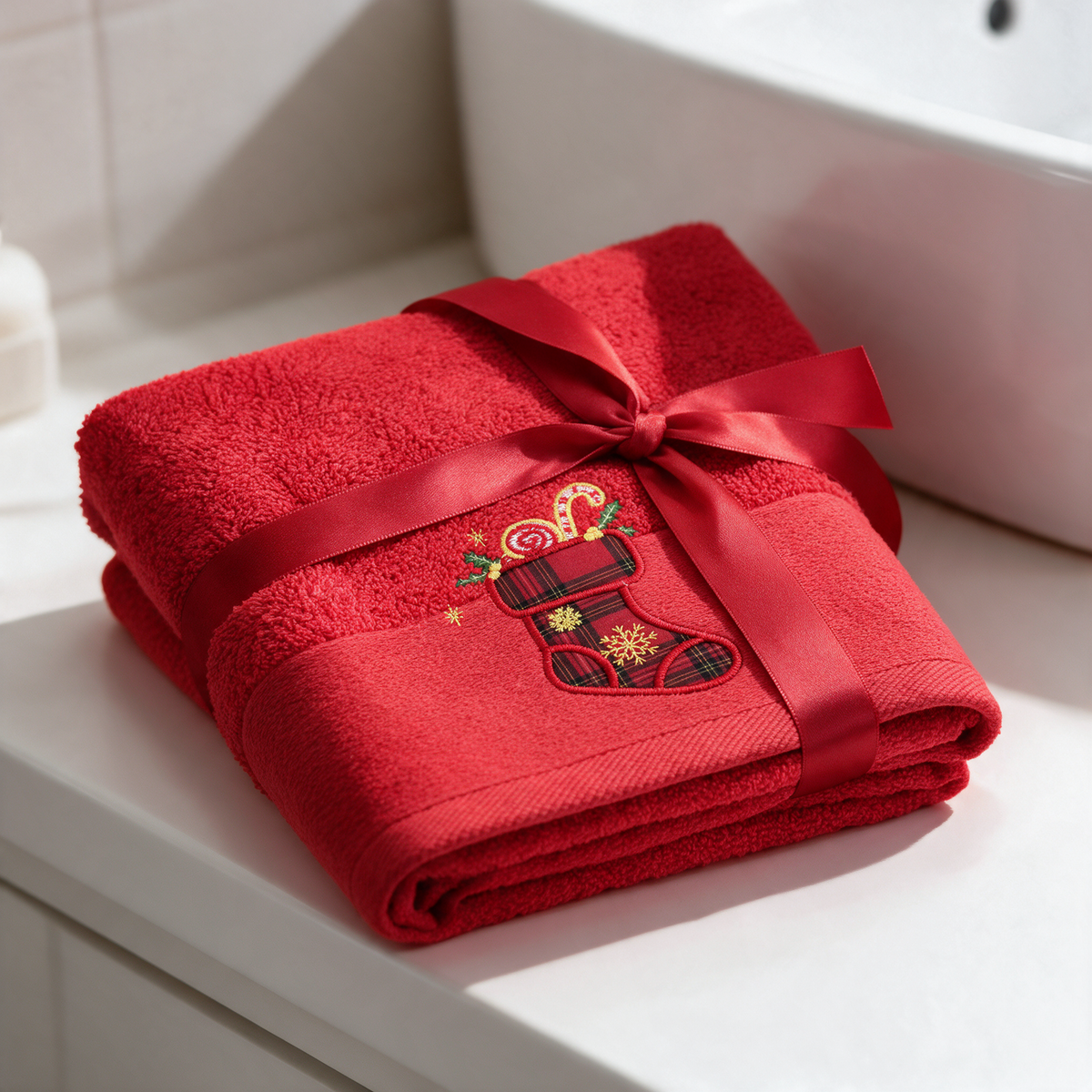 Set Asciugamani Natalizi 1+1 Viso e Ospite Times Square dis. Calza 100% Cotone - Botticelli Home