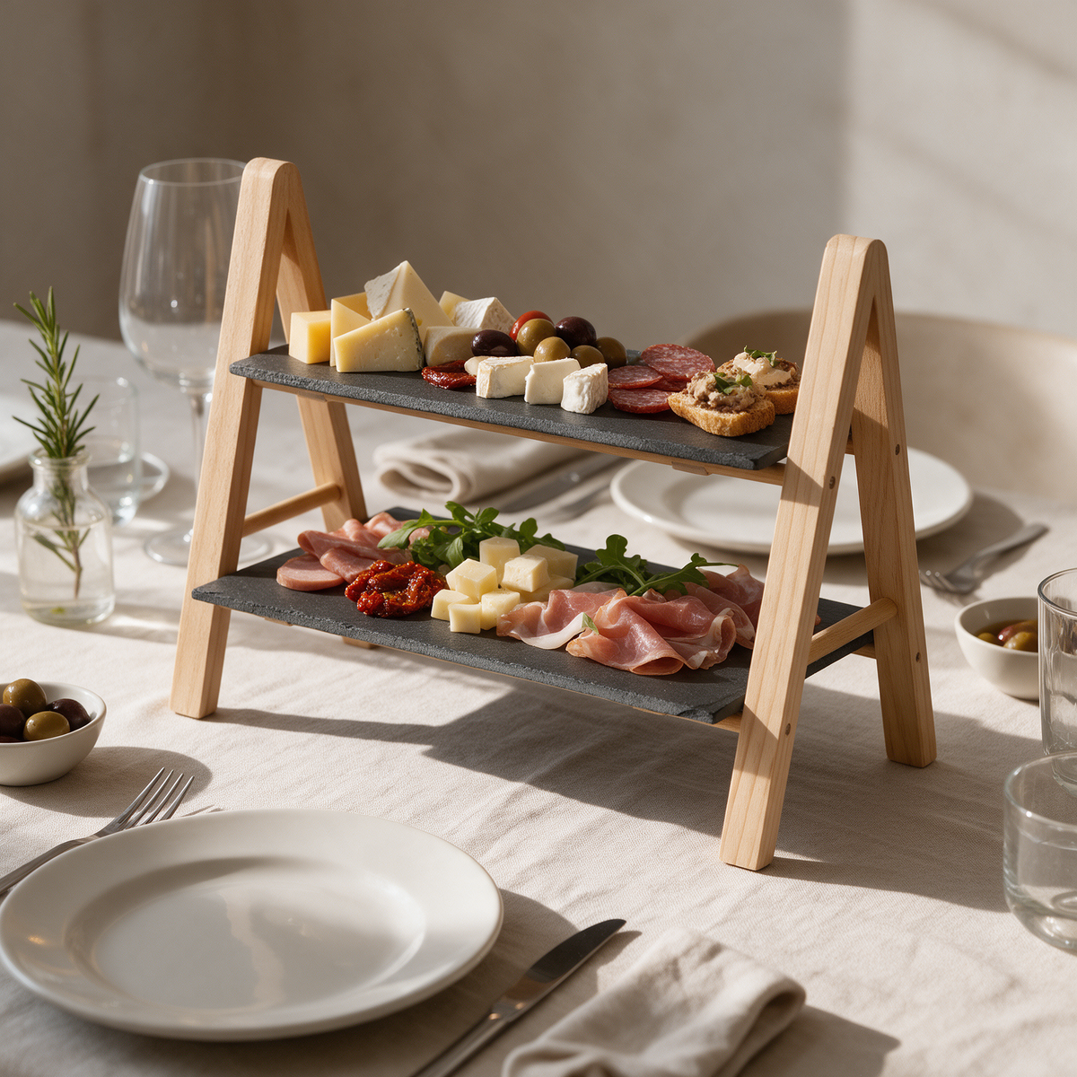 Stand Antipastiera in Legno con 2 Ripiani in Ardesia 32 x 17,5 x 28,5 cm - Gusto Casa