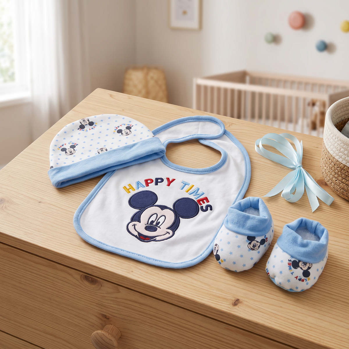 Set Nascita 3 Pezzi Cappellino, Babbucce e Bavaglino Minnie e Mickey Mouse - Disney Baby