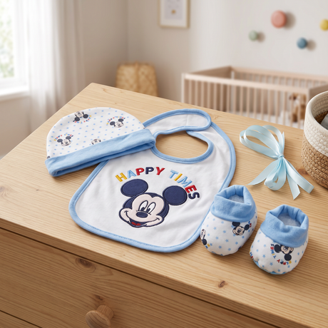 Set Nascita 3 Pezzi Cappellino, Babbucce e Bavaglino Minnie e Mickey Mouse - Disney Baby