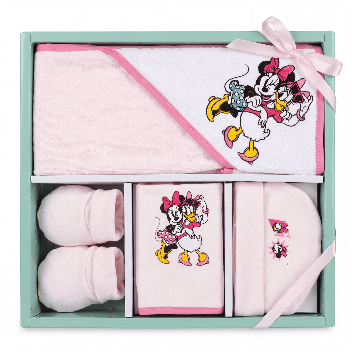 Set Nascita 4 Pezzi Cappellino, Babbucce, Bavaglino e Accappatoio a Triangolo Minnie e Mickey Mouse - Disney Baby
