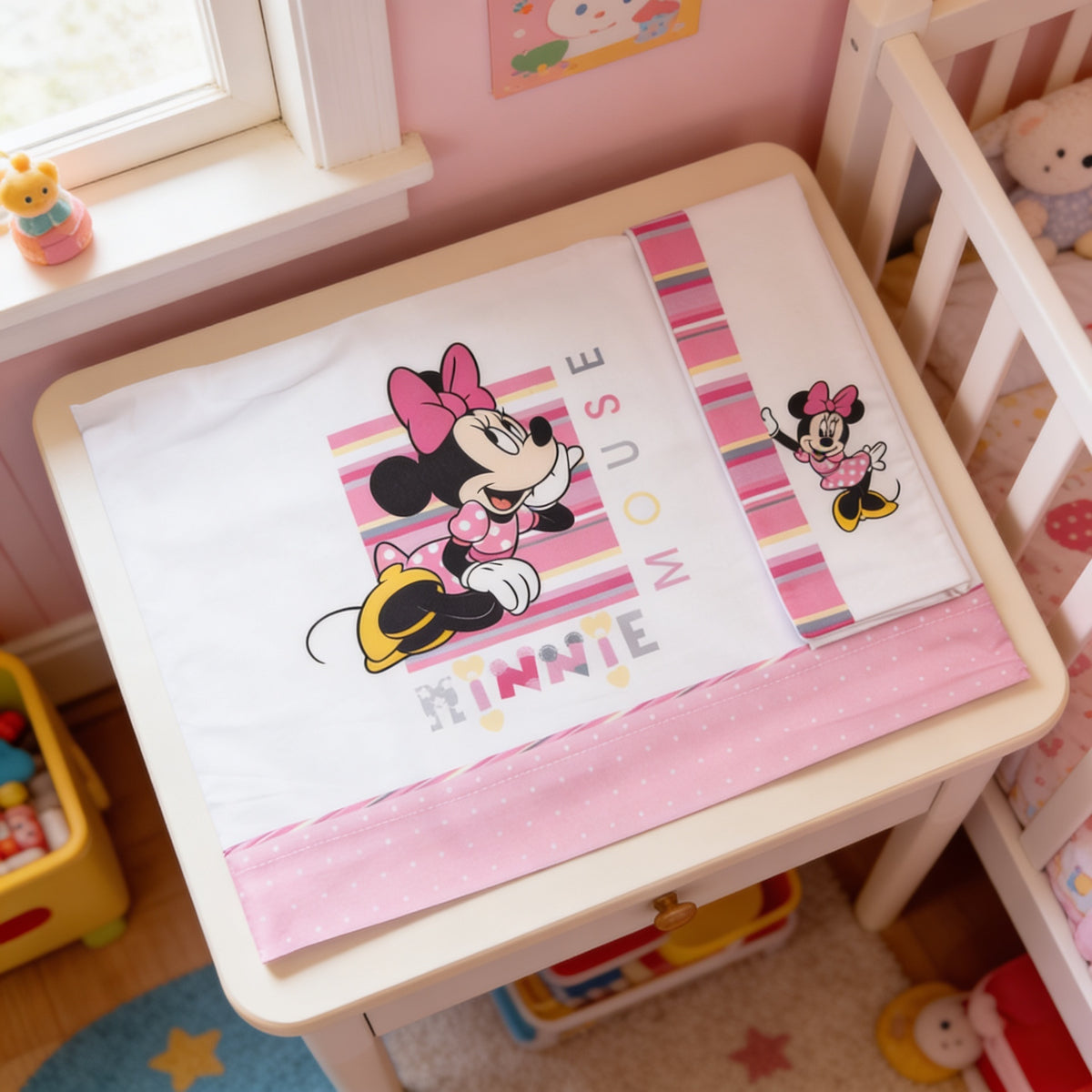 Completo Lenzuola Lettino 3 Pezzi Minnie Mouse 100% Cotone - Disney Baby