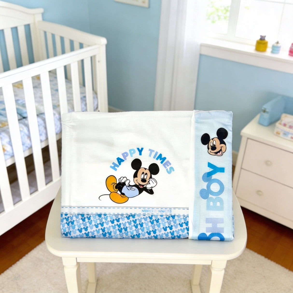 Completo lenzuola 3 pezzi culla/carrozzina "Happy Times" Mickey 100% cotone - Disney Baby
