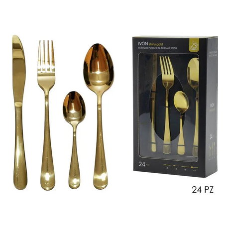Servizio Posate 24 Pezzi Ivòn Shiny Gold in Acciaio Inox - Gusto Casa