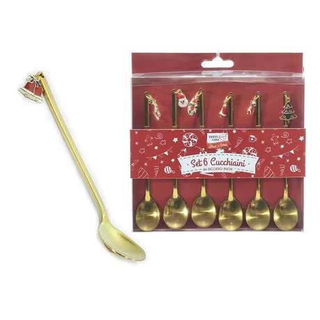 Set 6 Cucchiaini Natalizi in Acciaio Inox Color Oro con Pendenti Decorativi - Vestiamo Casa