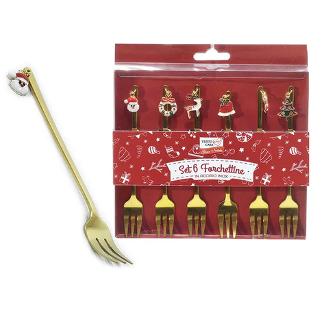 Set 6 Forchettine Natalizie in Acciaio Inox Color Oro con Pendenti Decorativi - Vestiamo Casa