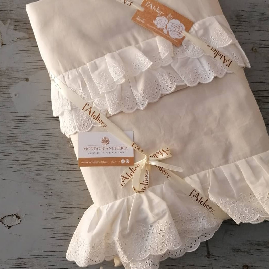 Completo Lenzuola Matrimoniale Nicole L’Atelier17 con Pizzo Sangallo 100% Cotone Made in Italy